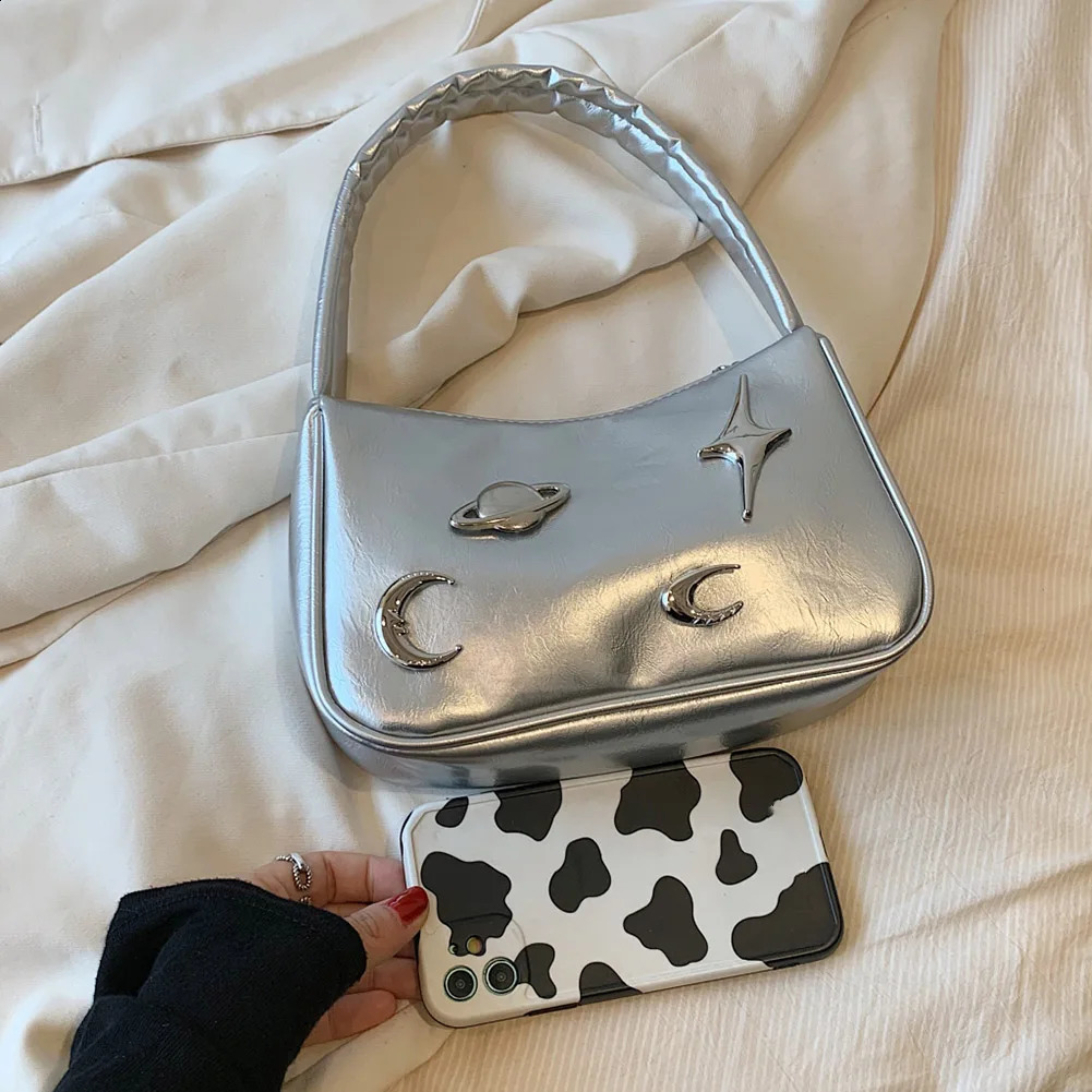 Women Retro Underarm Bag PU Leather Vintage Armpit Bag Moon Earth Star Trendy Underarm Handbag Female Daily Dating Bag 240819