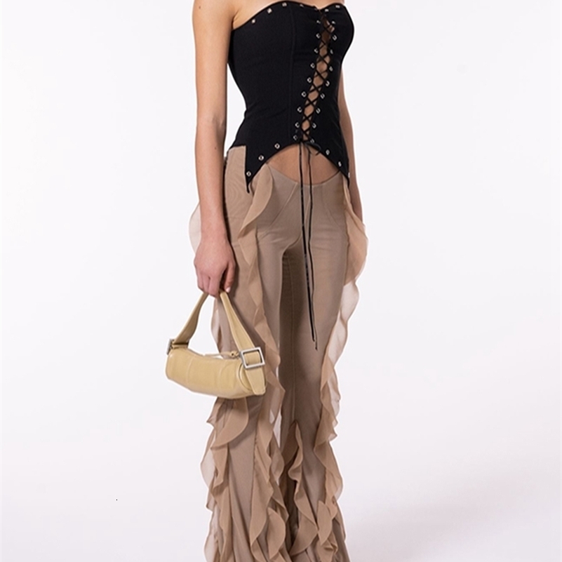 Women s Ruffle Flare Pants y2k Solid Low Rise Stretch Bell Bottom Trousers Rave Club Streetwear 240819