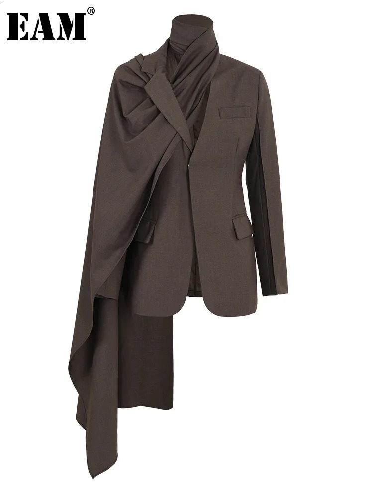 EAM Coffee Irregular Scarf Elegant Jacket Womens Collar Long Sleeve Loose Fashion Trend Spring and Autumn 1DZ0018 240819