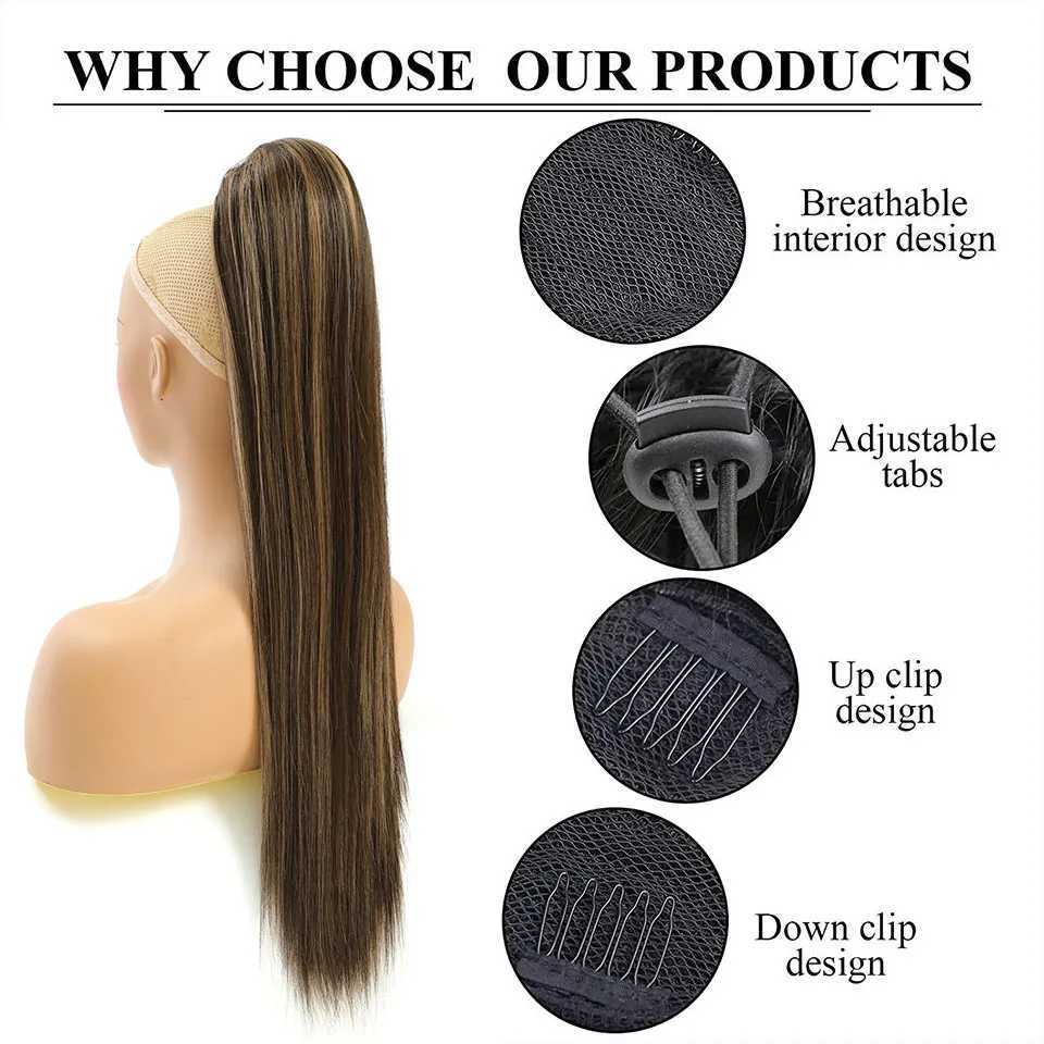 Straight long ponytail with hair extensions clipped in synthetic brushed Ombre blonde ponytail wig African ponytail female hair fake W240817