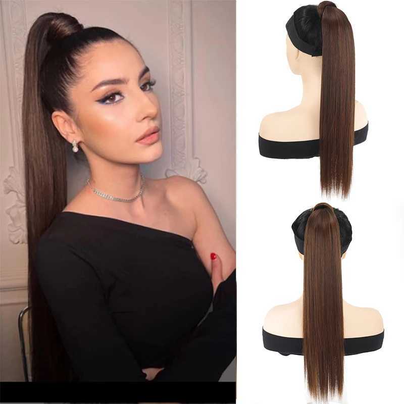 Long and straight ponytail extensions wrapped around synthetic ponytails female hair extensions W240817