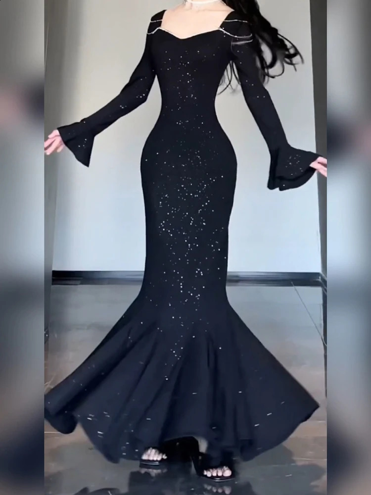 Bodycon Sexy Party Dresses Women Sequins Black Evening Elegant Long Dress Female Flare Sleeve France Vintage Dress Summer 240819