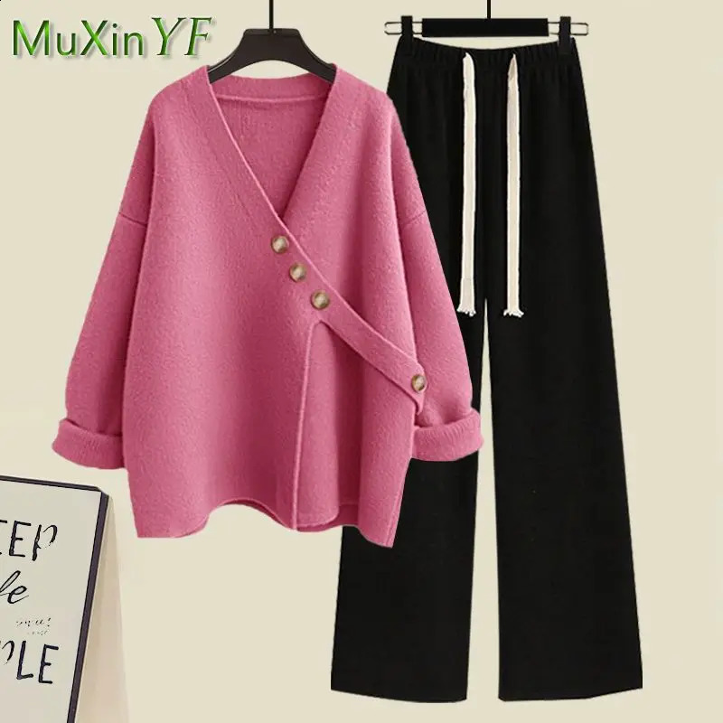 Womens Spring Autumn Casual Matching Set Korean Elegant Irregular Knit SweaterLoose Wide Leg Pants Two Piece Female Suit 240820