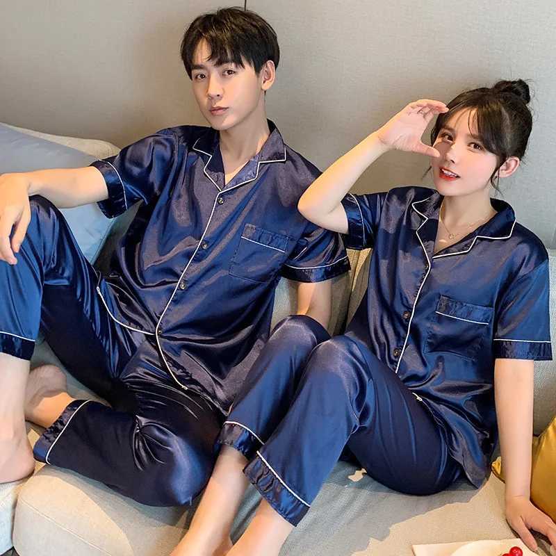 Spring Silk satin sleepwear couple set summer short sleeved button down sleepwear womens solid color casual wear plus size Pj set W241221