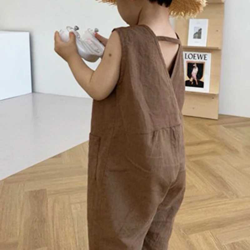 1566C Korean childrens clothing boys one-piece summer clothing cute button up girls jumpsuit casual pants W240806
