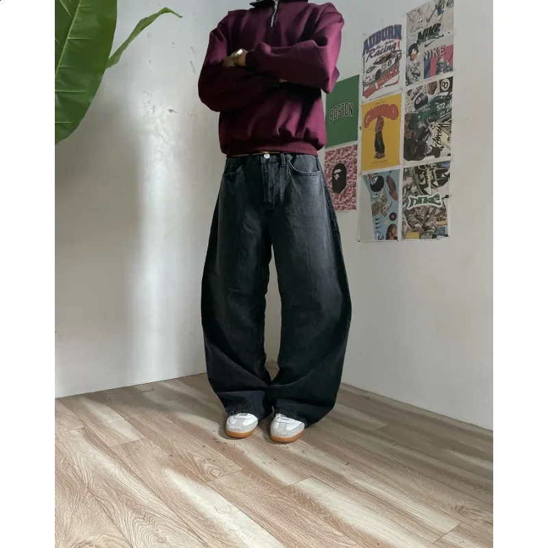 High street geometric print black oversized jeans men clothing y2k clothing 2000s American casual straight baggy pants 240819