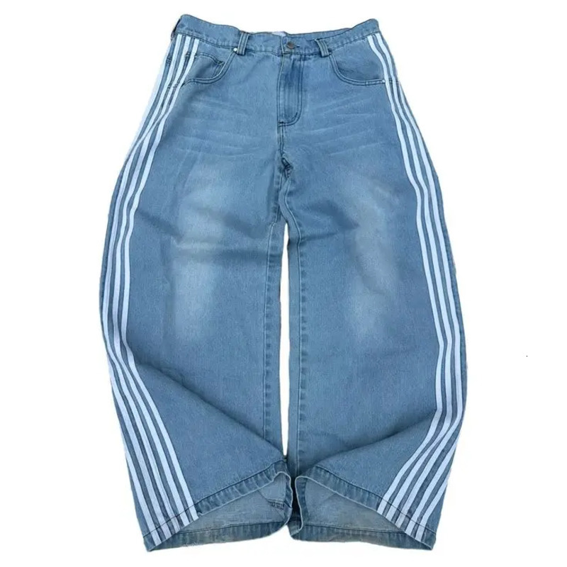 Classic side striped pocket jeans Y2k high waisted washed blue womens denim pants Korean fashion casual straight mens clothing 240819