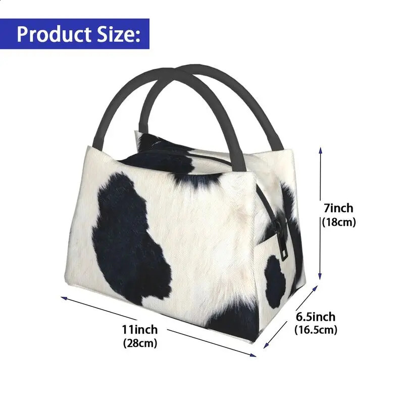 Real Black And White Cowhide Thermal Insulated Lunch Bags Print Women Rustic Cow Faux Fur Skin Leather Resuable Meal Food Box 240819
