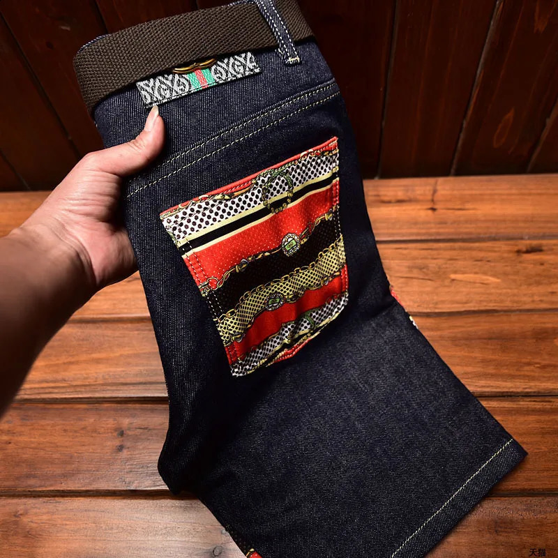 High end summer thin denim shorts mens pentagonal ultrathin fit printed fashionable Korean blue 240819