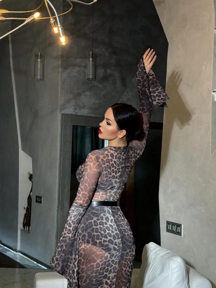 CNYISHE Leopard Fashion Bodycon Sheath Women Dresses O Neck Long Flare Sleeve Outfits Sheer Sexy Club Female Slim Vestidos Robes 240819