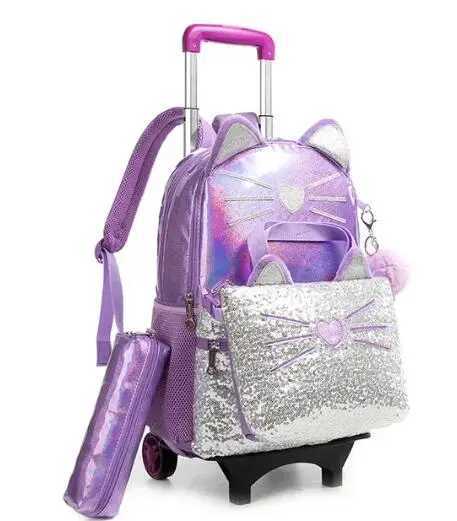 School Rolling Backpack for Girls Wheeled Backpack with Lunch Bag Pen Bag Set Wheeled School Trolley Backpack Bag Set For Girls Y240820
