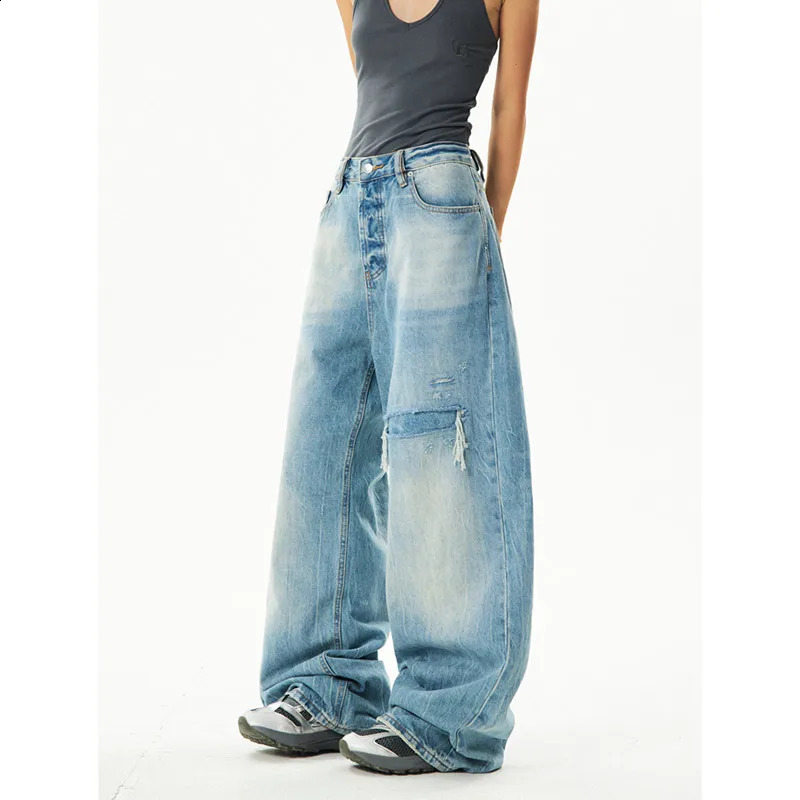 Blue Womens Jeans High Waist Straight Baggy Pants Strtwear American Gradient Female Wide Leg Denim Trouser Z260313