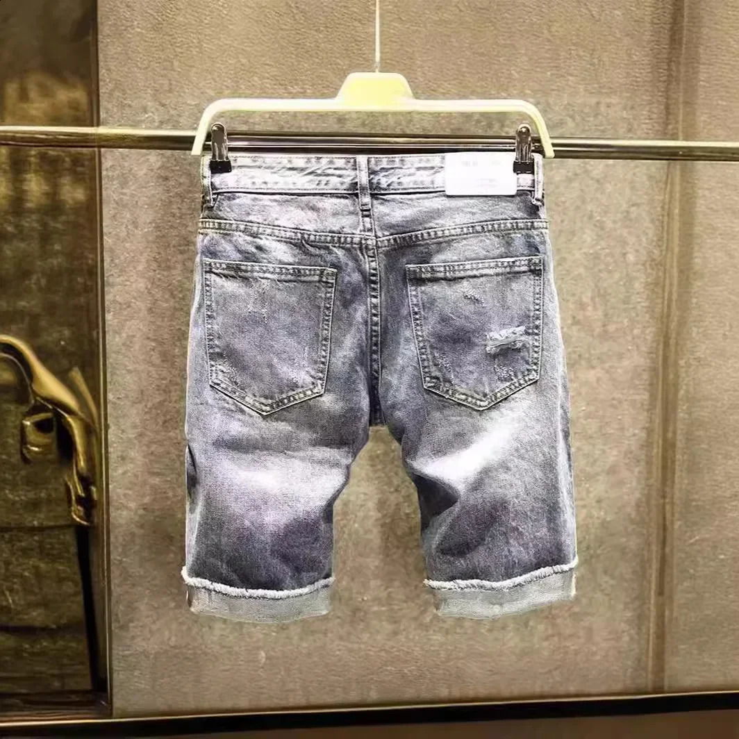 Summer unique Holeed denim shorts mens fashion trend hoodie cool casual mid waist light blue ripped 240819