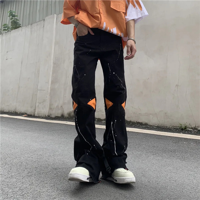 ICCLEK High Street Loose Jeans Zipper Slit Flared Pants Mens Pants Casual Black Denim Pants Stacked Jeans Men Jeans Pants 240819