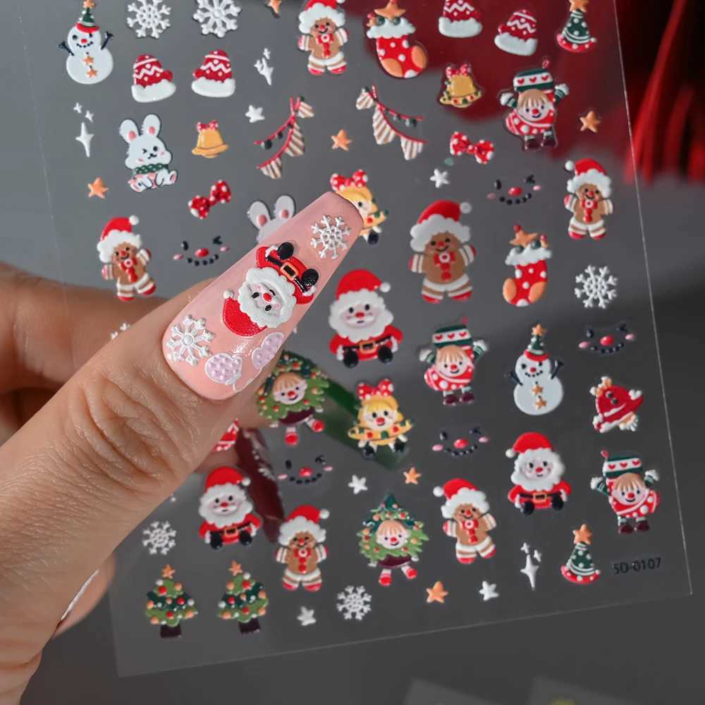 5D Embossed Gingerbread Man Nail Art Sticker Cute Christmas Winter Santa Claus Snowflake Elk Engraved Slider Manicure DecorationXJ240815