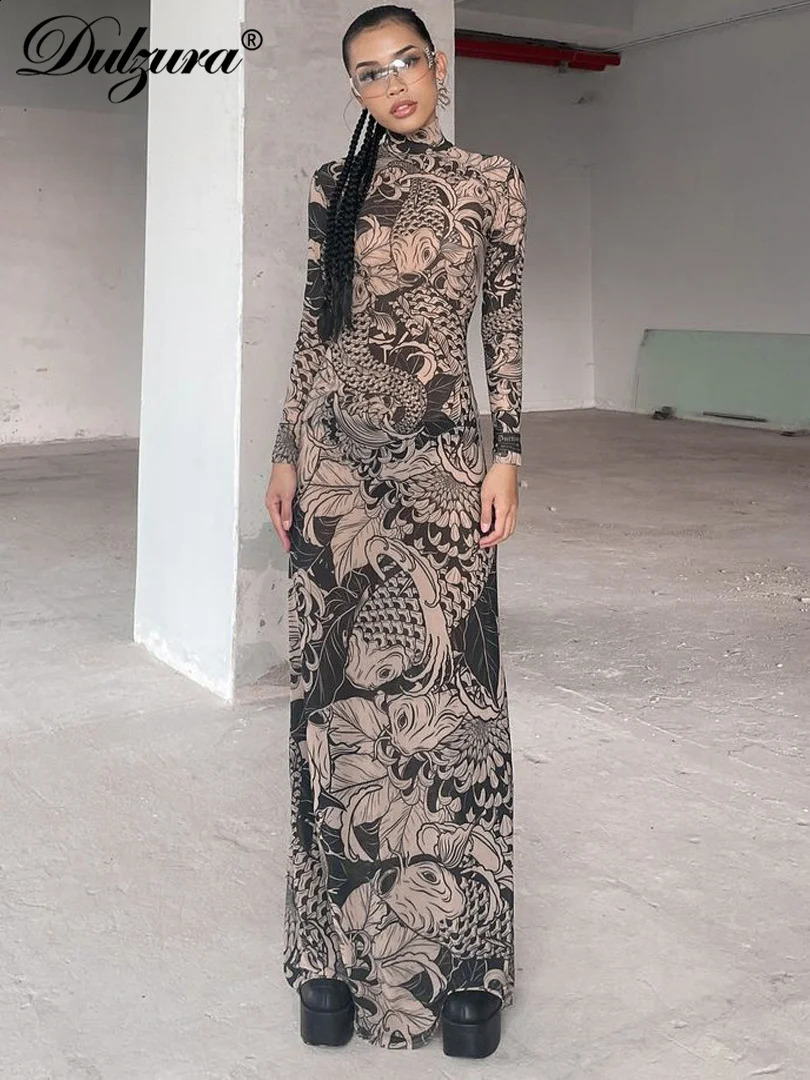 Dulzura Mesh Print Flower Long Sleeve Half Turtleneck Maxi Dress Summer Spring For Women Sexy Y2K Birthday Elegant Clubwear 240819