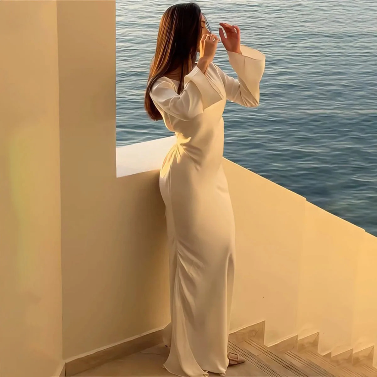 Women Long Dresses Fashion Simple Elegant Round Neck Satin Flare Sleeve Lace Up Slim Evening Party Dresses Sexy Dress 240819