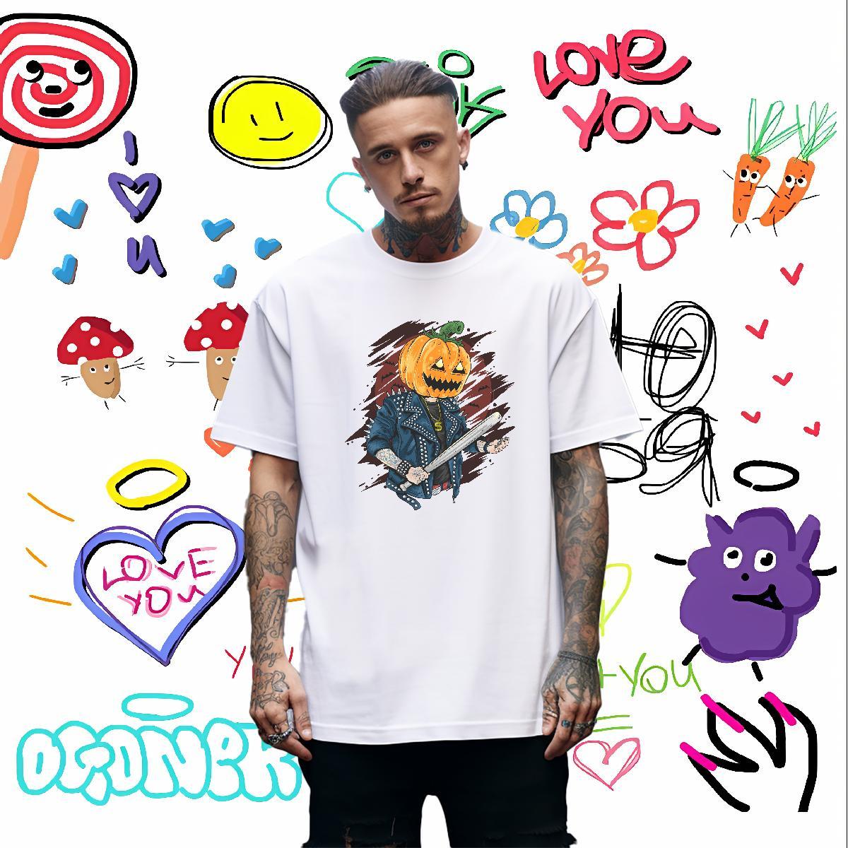 Loose Fit Mens T Shirts pumpkin O-Neck Short Sleeve Sports Casual Anime 230g 100% Cotton Men Tshirts Free Shipping Tees