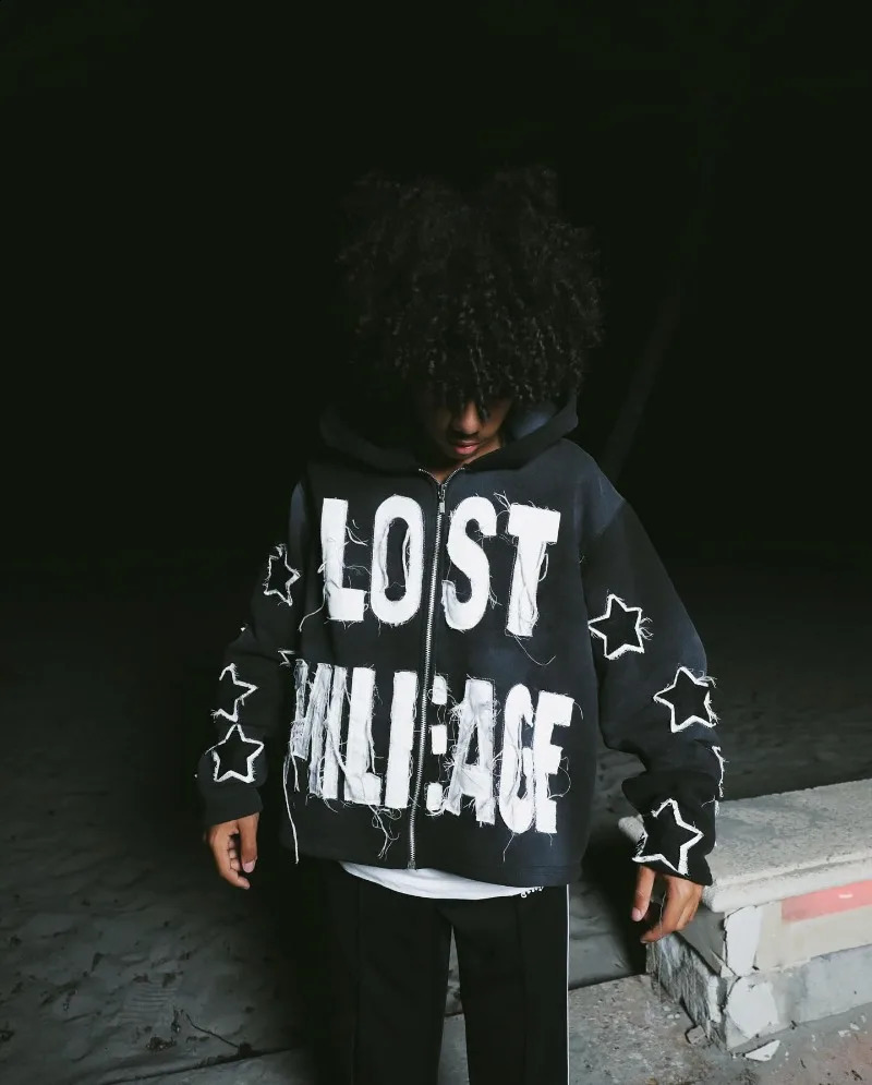 Punk Harajuku Loose Hoodie Alphabet Star Embroidered Zipper Womens Street Retro Couple Sweater 240819
