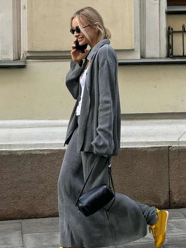 Knit Solid Sets For Women Turn-down Collar Single-breasted Cardigan Split Skirt High Waist Pants Loose Lady Autumn Streetwear 240819