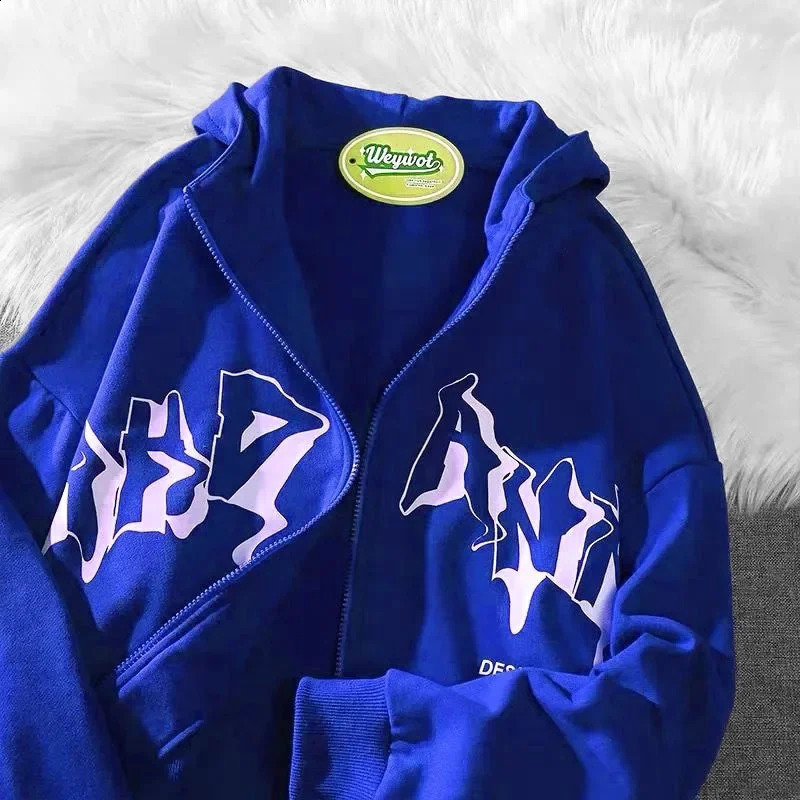 Y2K Letter Print Zip Up Hoodies Women Men Jacket Casual Hip Hop Harajuku Streetwear Clothes Tops Loose Grunge Hooded Sweatshirt 240819