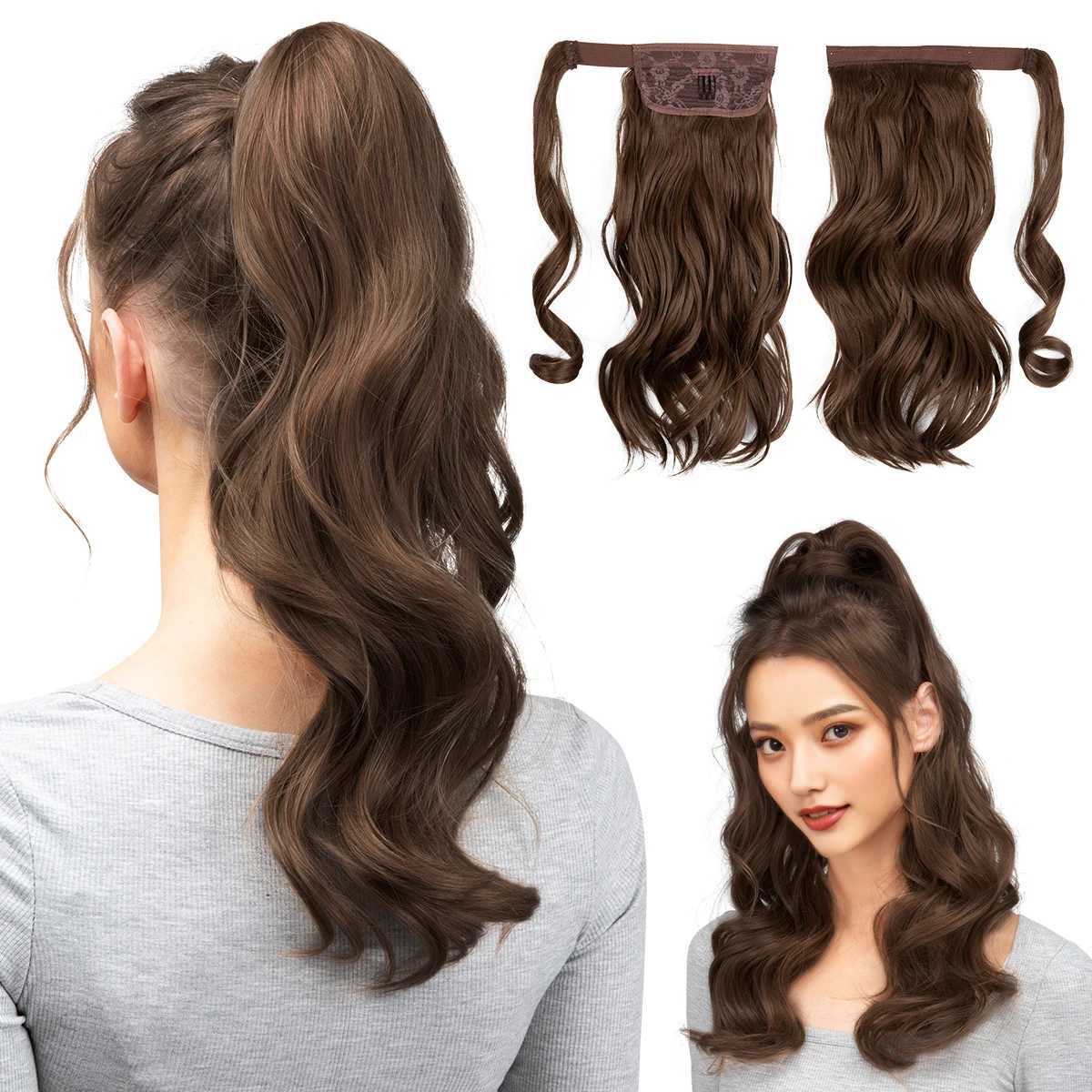 Synthetic long wavy ponytail with Dali hair extended and curled clipped onto a fake wig wrapped in black around the braid smooth fake tail W240817