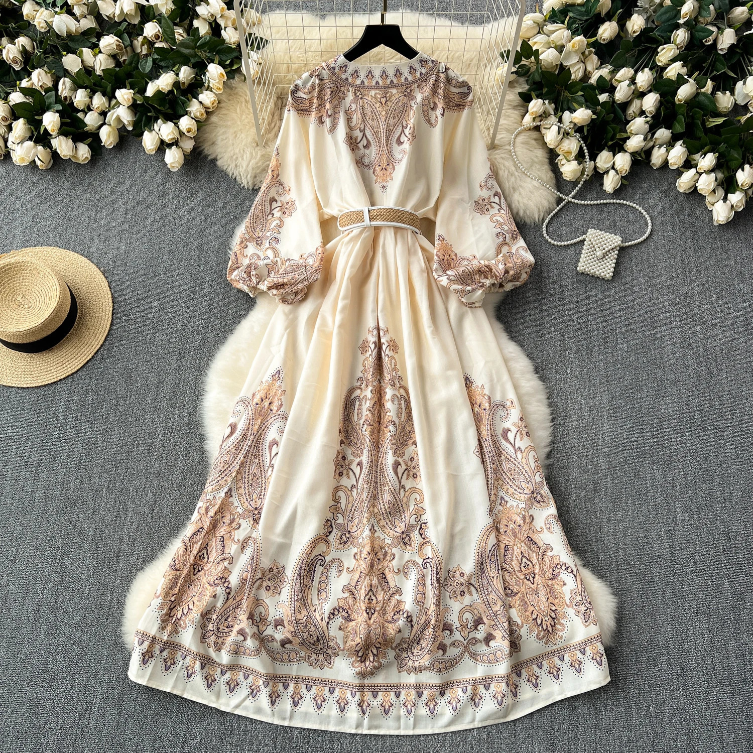 French Vintage Elegant v Neck Puff Sleeve Print Dress A-line Fashion Spring Summer Vestidos Women Dresses
