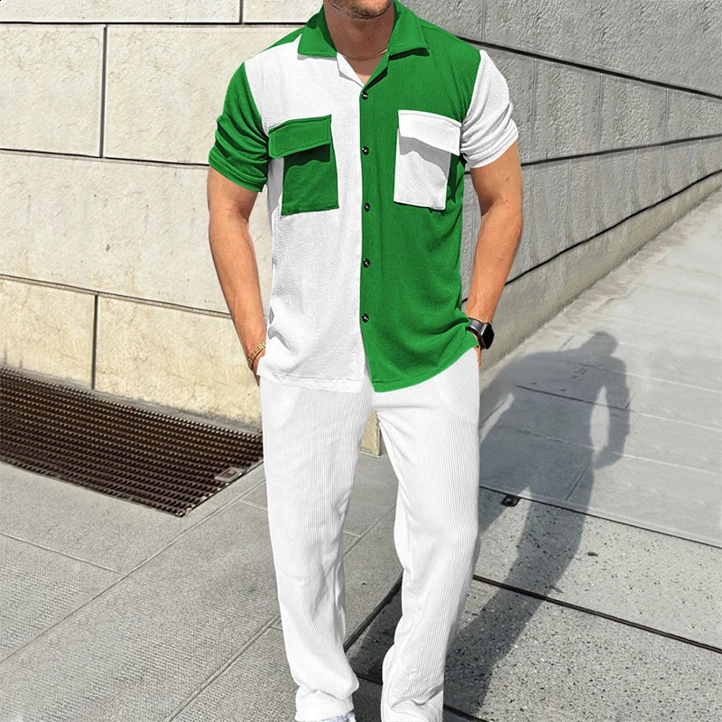 Autumn Men Cardigan Shirt and Trousers 2 Pieces Set Casual Party Lapel Button Short Sleeve Suit Solid Color Fall Streetwear i240819