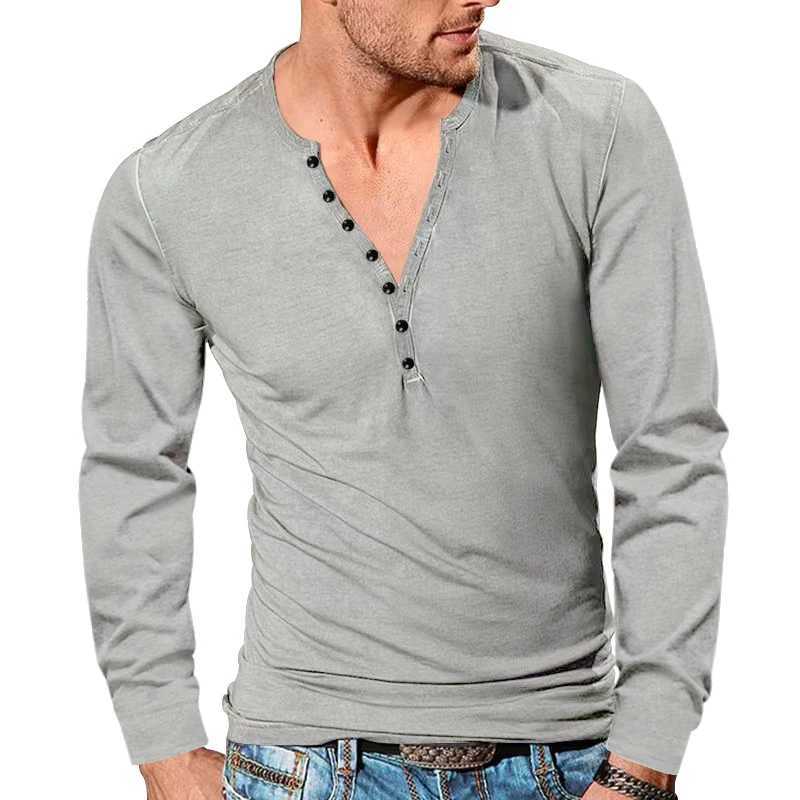 New Mens Four Season Henley shirt Vintage Long Sleeve T-shirt Cross border Mens Button V-Neck Slim Solid T-shirt TopXJ240819