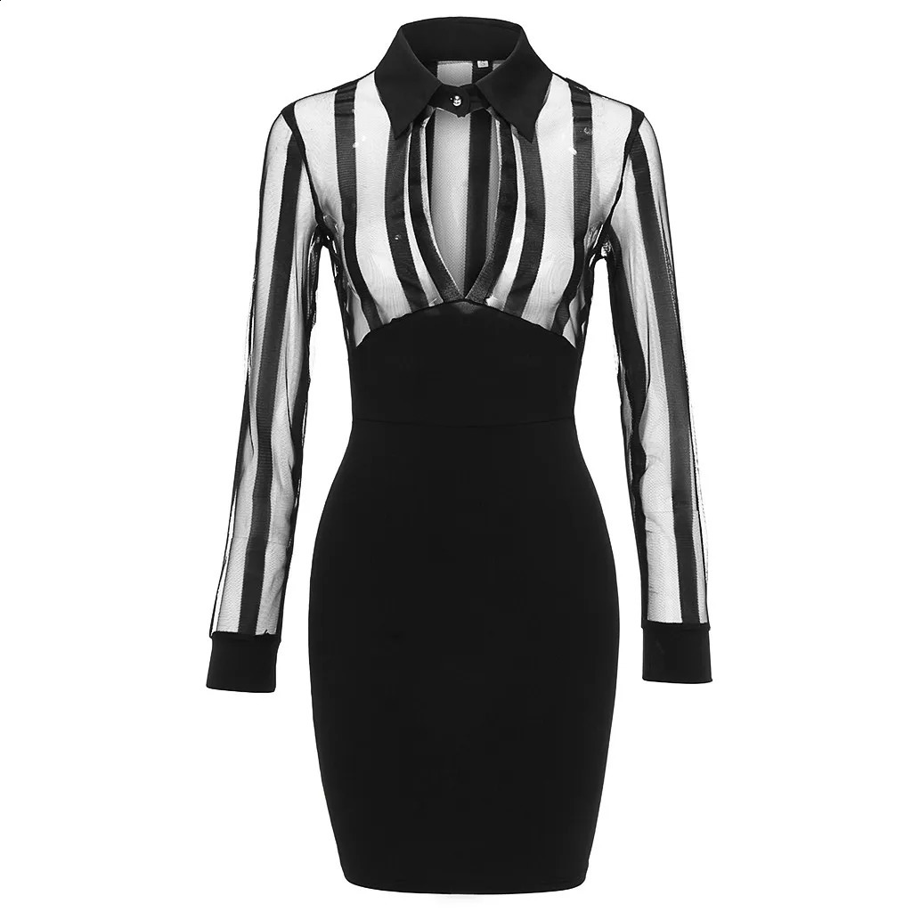 Womens Dresses Fashion Women Long Sleeve Sheer Striped Mesh Patchwork Bodycon Casual Work Dress 240819