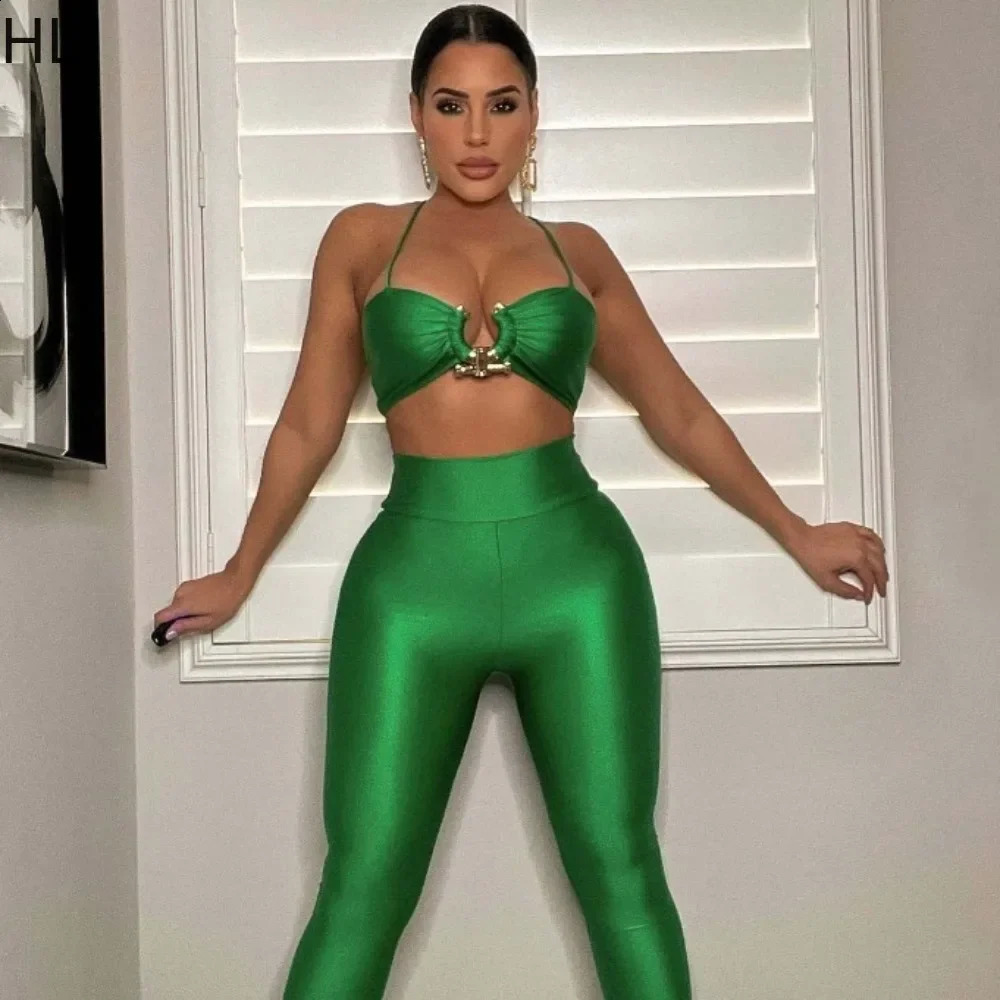 HLJ Sexy Solid Skinny Pants Two Piece Sets Women Thin Strap Sleeveless Bra Pants Outfits Fashion Lady Matching Nightclub Suits 240813