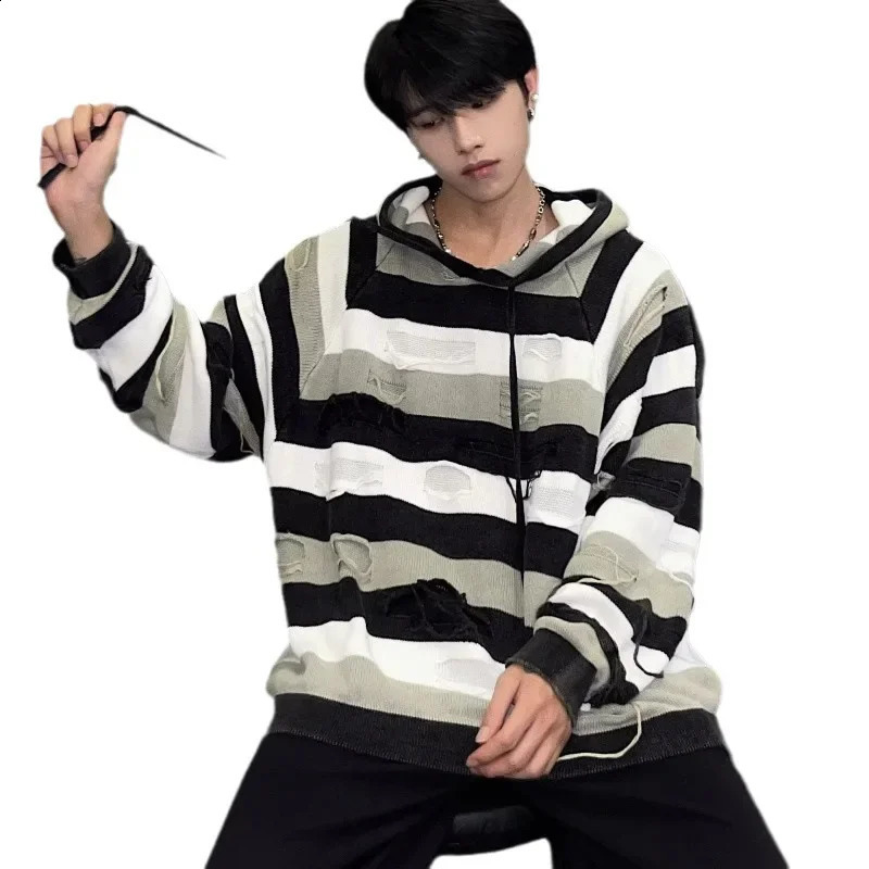 American style retro Distressed Striped knit hooded sweater for womens casual niche pullover 240819
