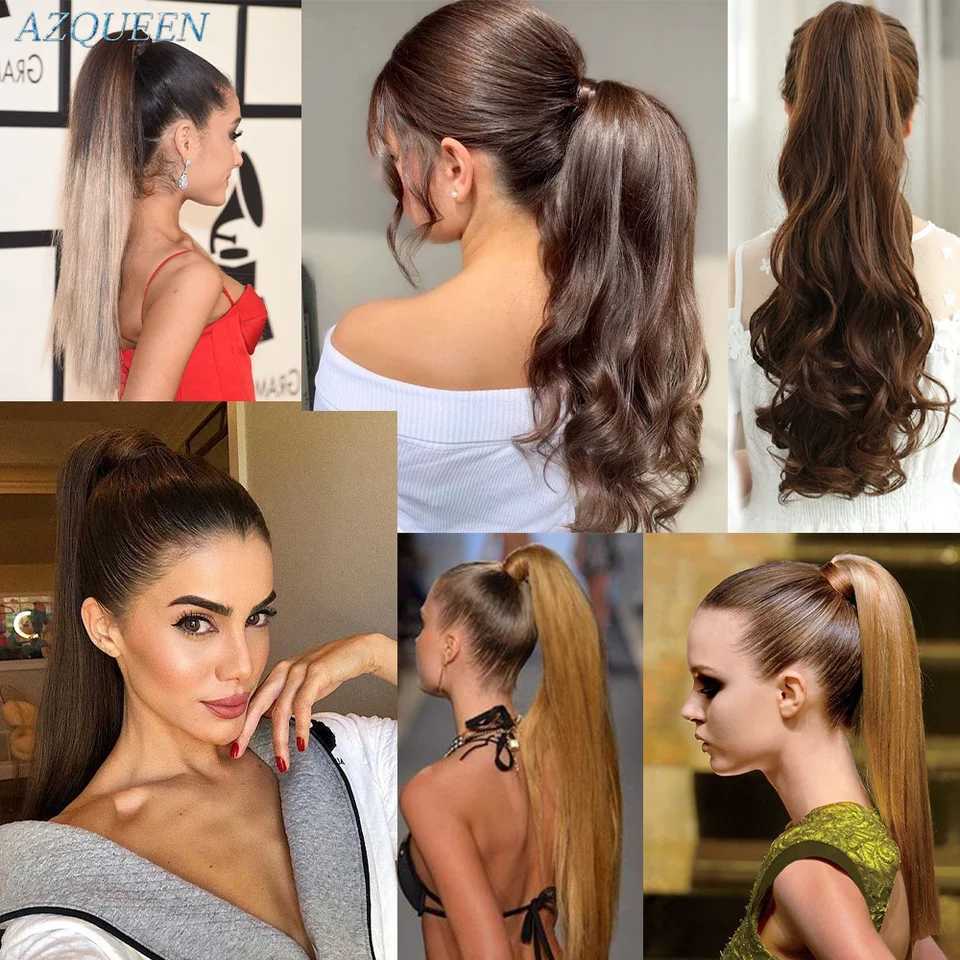Synthetic ponytail with hair extensions clipped onto a fake wig with blonde hair wrapped around the braid a long and smooth ponytail W240817
