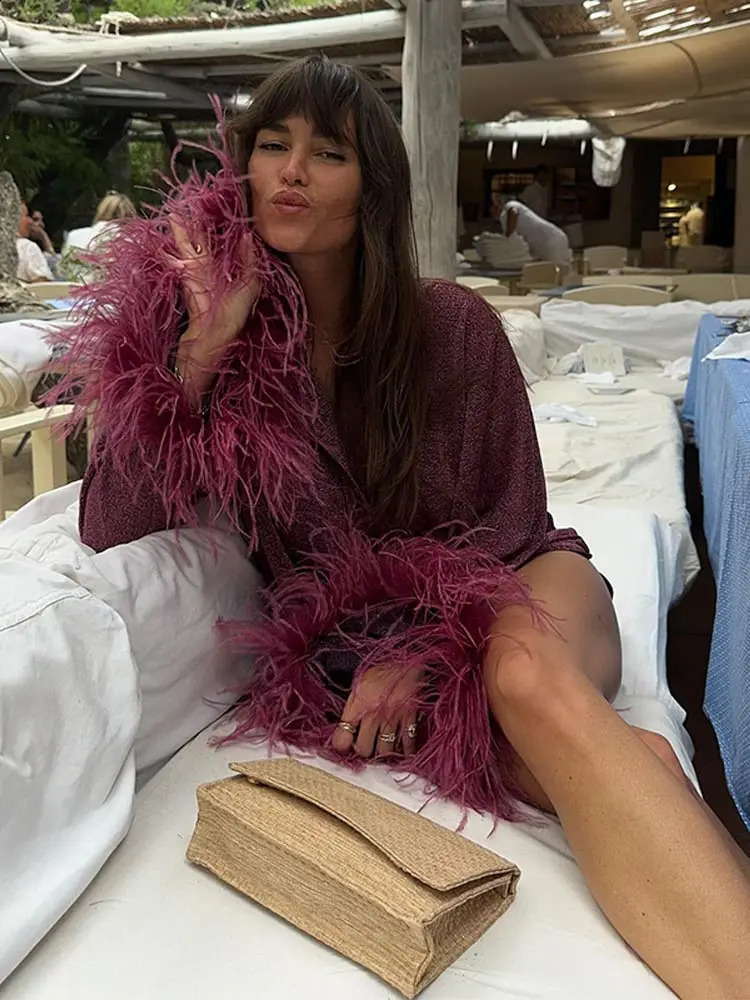 Fashionable shiny feather patch womens solid shirt fashionable stand up collar single breasted top holiday beach 240814