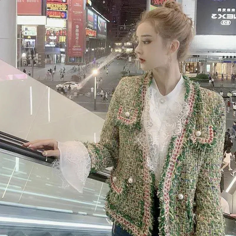 Fashionable womens plaid pleated jacket chunky pearl button golden silk vintage spring and autumn cardigan crop top 240819
