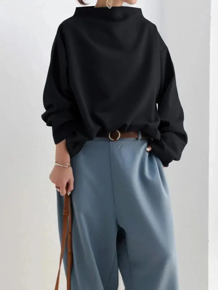 Freeacy Womens Solid Black Sports Shirt High Neck Long Sleeve Loose Fit Casual Zipper Spring Simple Tshirt Top 240814