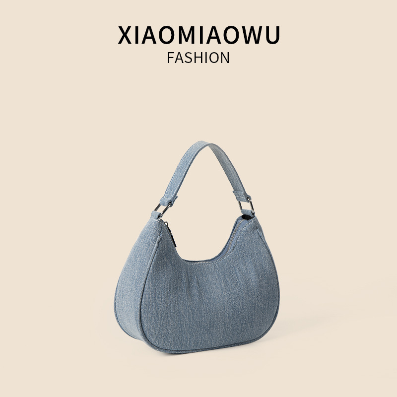 Half round premium denim bag for women commuting to work in summer, versatile handbag with temperament