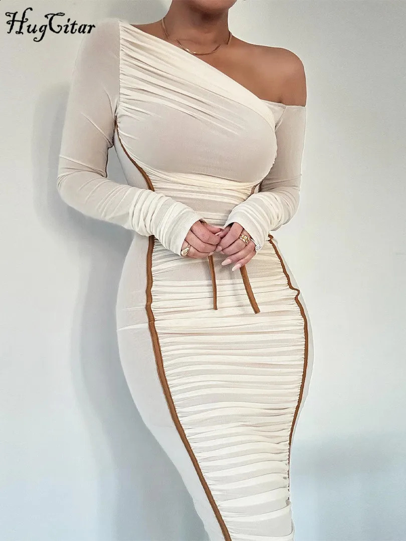 Hugcitar Mesh Solid Diagonal Collar Long Sleeve Draped Sexy See Through Bodycon Maxi Dress Summer Fashion Clothes Festival Club 240819