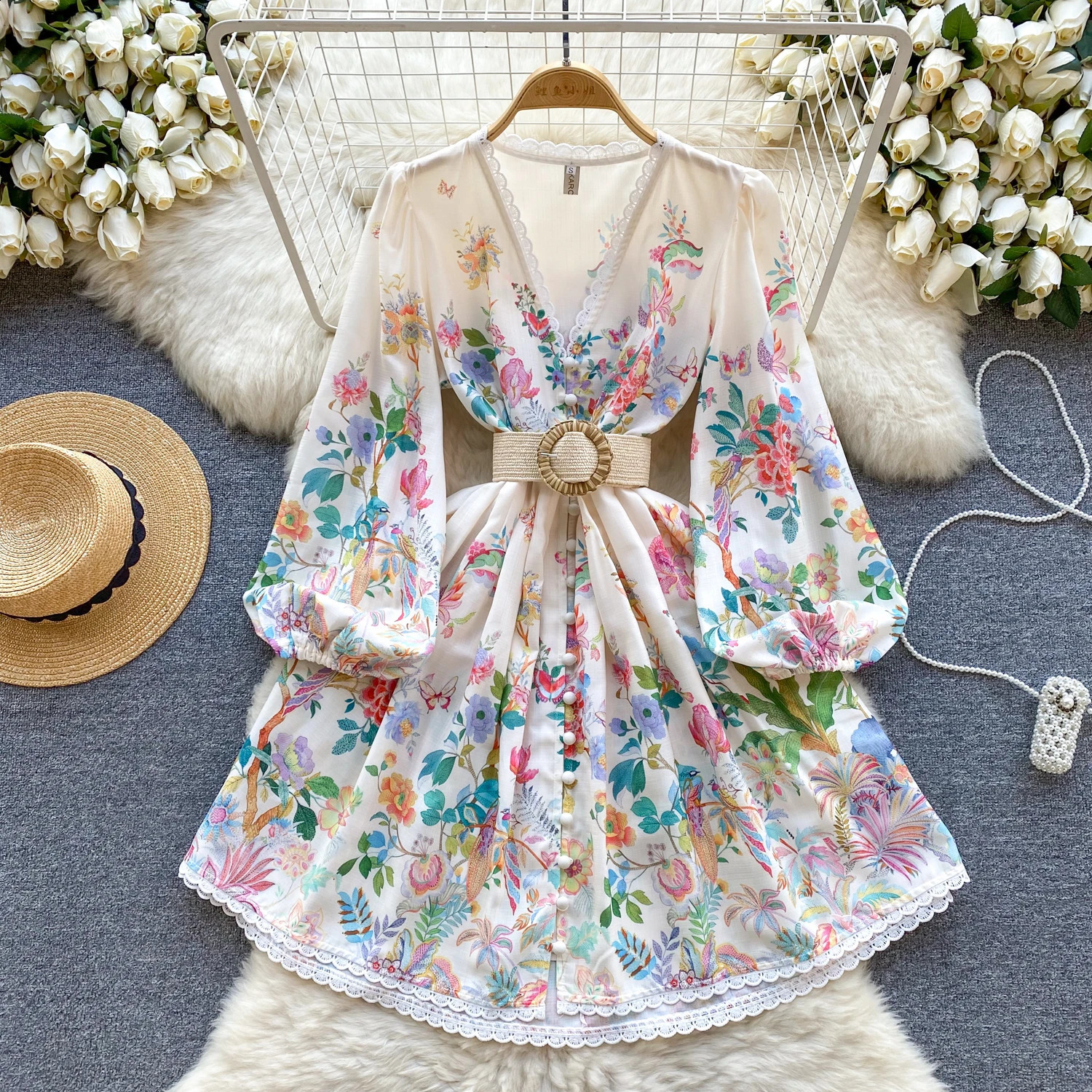 Spring Fashion Holiday Flower Painting Print Dress Women Long Lantern Sleeve V-Neck Lace Hem Buttons Belted Mini Dress 6257 240819