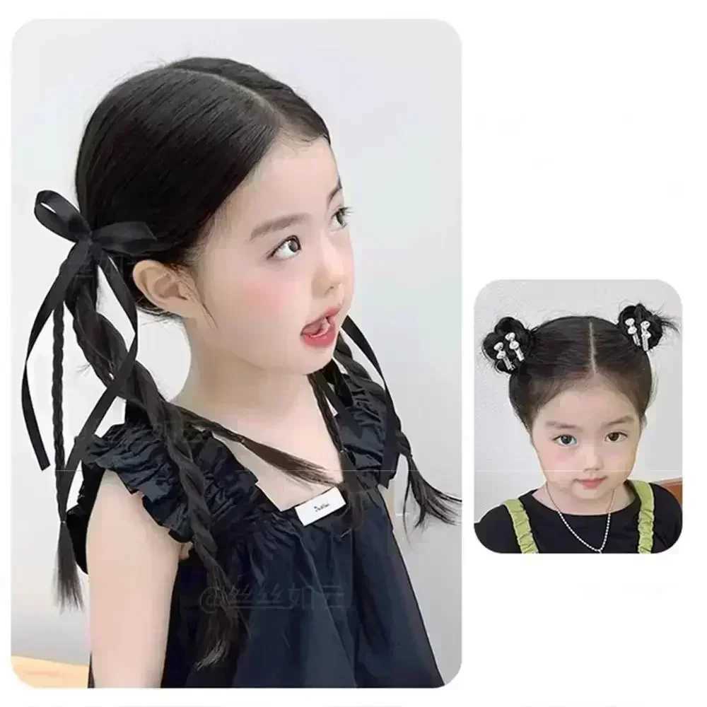 Female synthetic wig 50cm double ponytail ribbon bow wig 2PC ball head wig extended childrens girl gentle casual hairstyle W240817