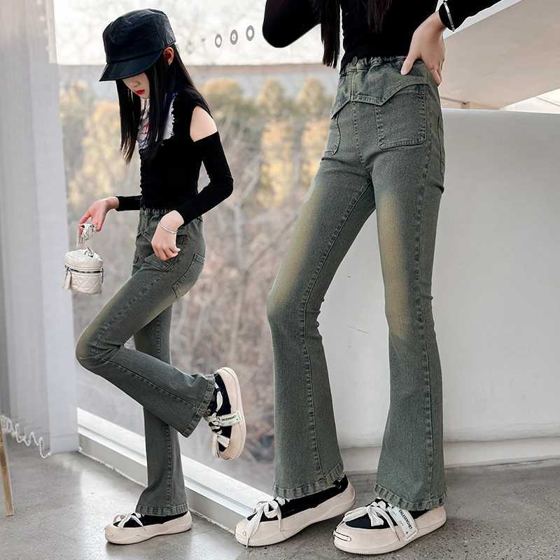 Girls retro triangle denim belly pants suitable for girls older children and children aged 5-14 with elastic belly pantsW240819