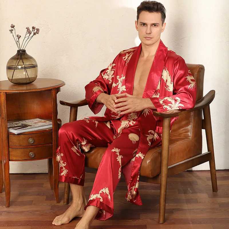Mens satin pajamas robes and pants Dagong pajamas set printed mens pajamas and kimono bathroom gowns synthetic silk lounge clothing home clothingW2407