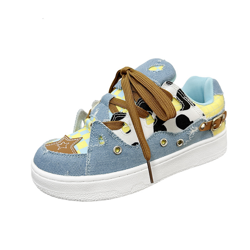 Long Foot New Sports Bread Cow Pattern Denim Patching Autumn and Winter BAKE Men's China-Chic Skateboarding Women's Shoes