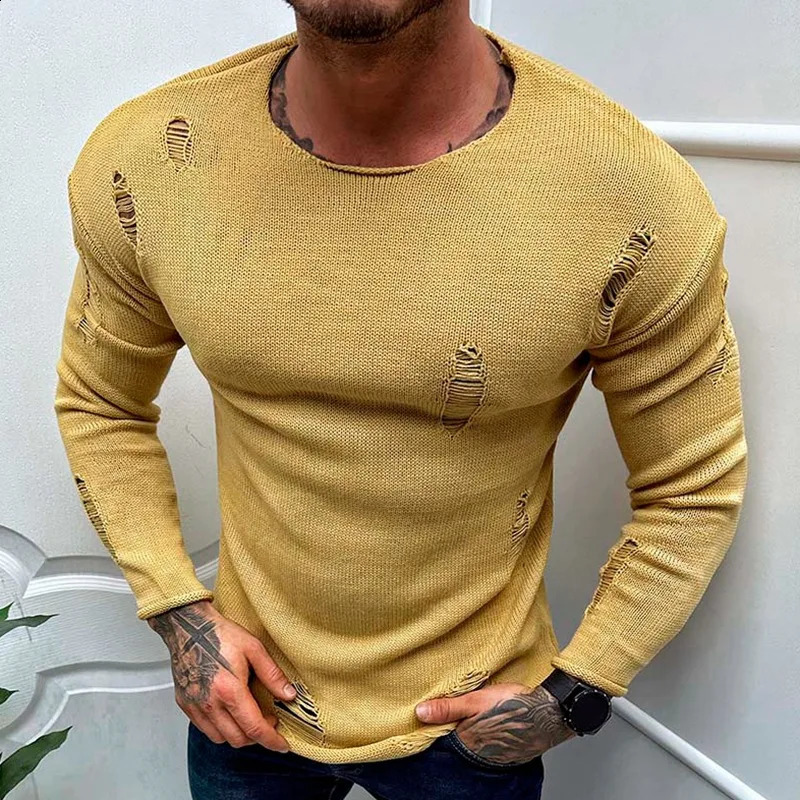 Mens casual top for spring and summer fashion solid knit long sleeved torn sweater mens Tshirt holiday streetwear chic shirt 240819