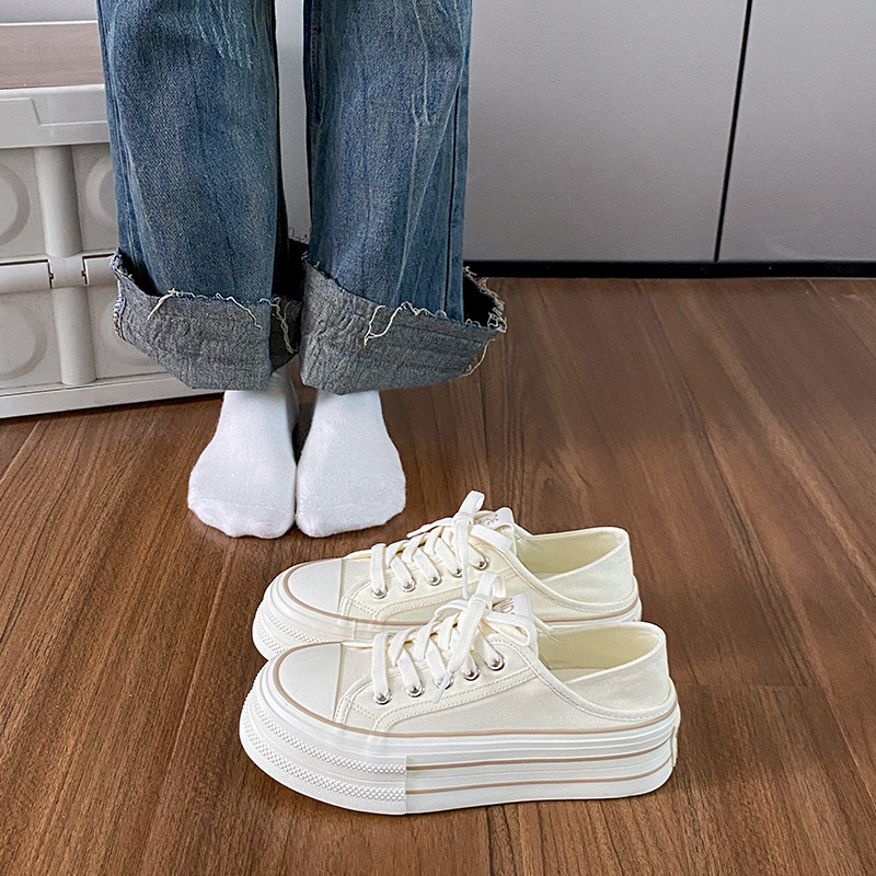 Ddmysports Cream Two On Thick Soled Canvas For Women Thin Style Summer New Collection Chic Niche Design Half Drag One Foot White Shoes OUTDOOR