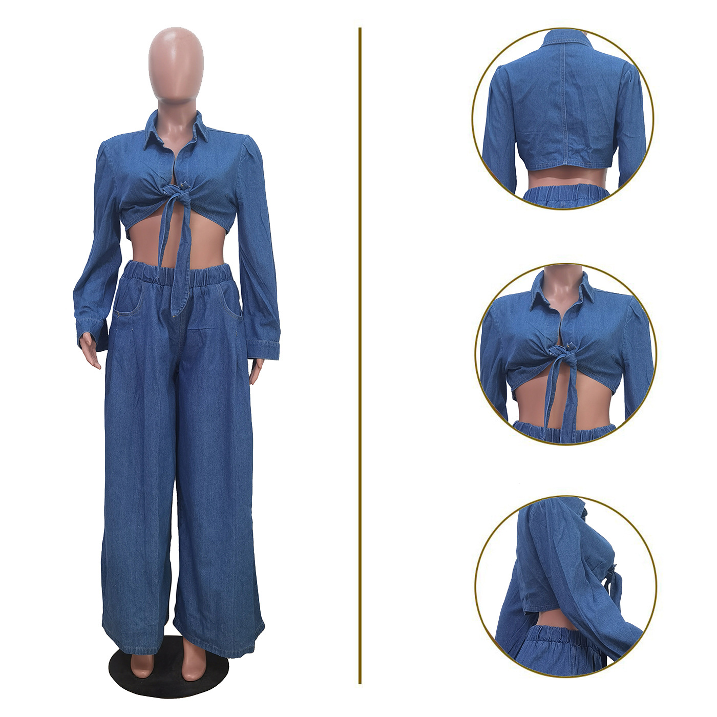 NEW Designer Fall Winter Denim Tracksuits Women Two Piece Sets Long Sleeve Bandage shirt and Wide Leg Pants Casual Outfits Solid Sweatsuits Wholesale 
