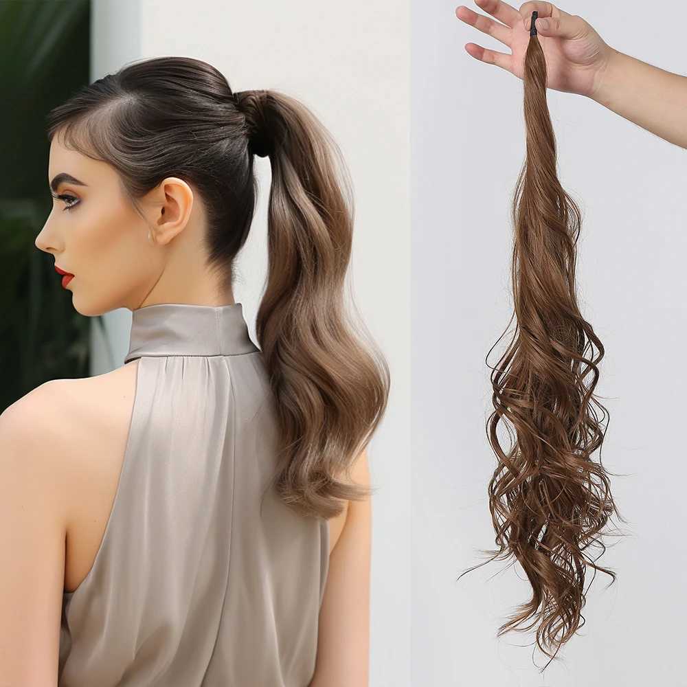 Brown flexible synthetic ponytail wraps around hair extends long waves fake tail braid for womens parties daily tail braid wig heat-resistant W240817