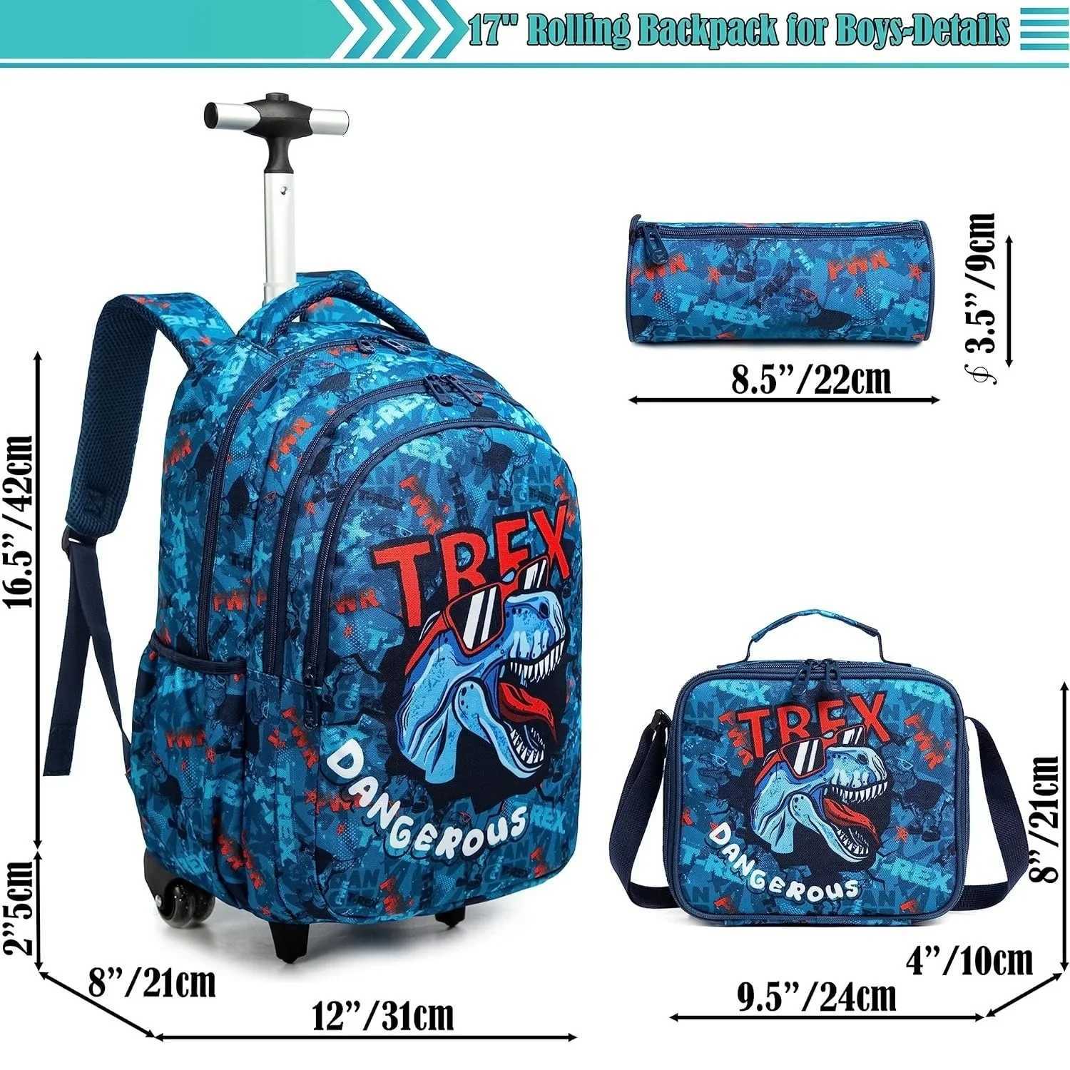 18 Inch School Bags Wheeled Backpack for Boys Girls Travel Rolling Backpack School Trolley Bag Set with Thermal Lunch Box Y240820