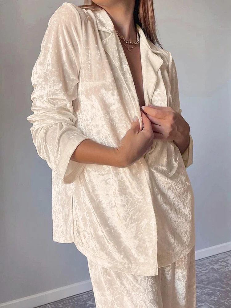 Hiloc Velvet Pajama Long Sleeve Womens Set Collar Knitted Trouser Single Chest Family 240819
