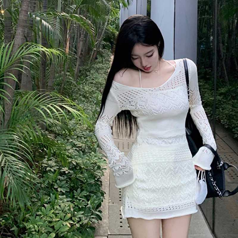 Sexy Hollow Out Elegant Knitted Women Solid V-neck Long Sleeve Mini Dress 240819